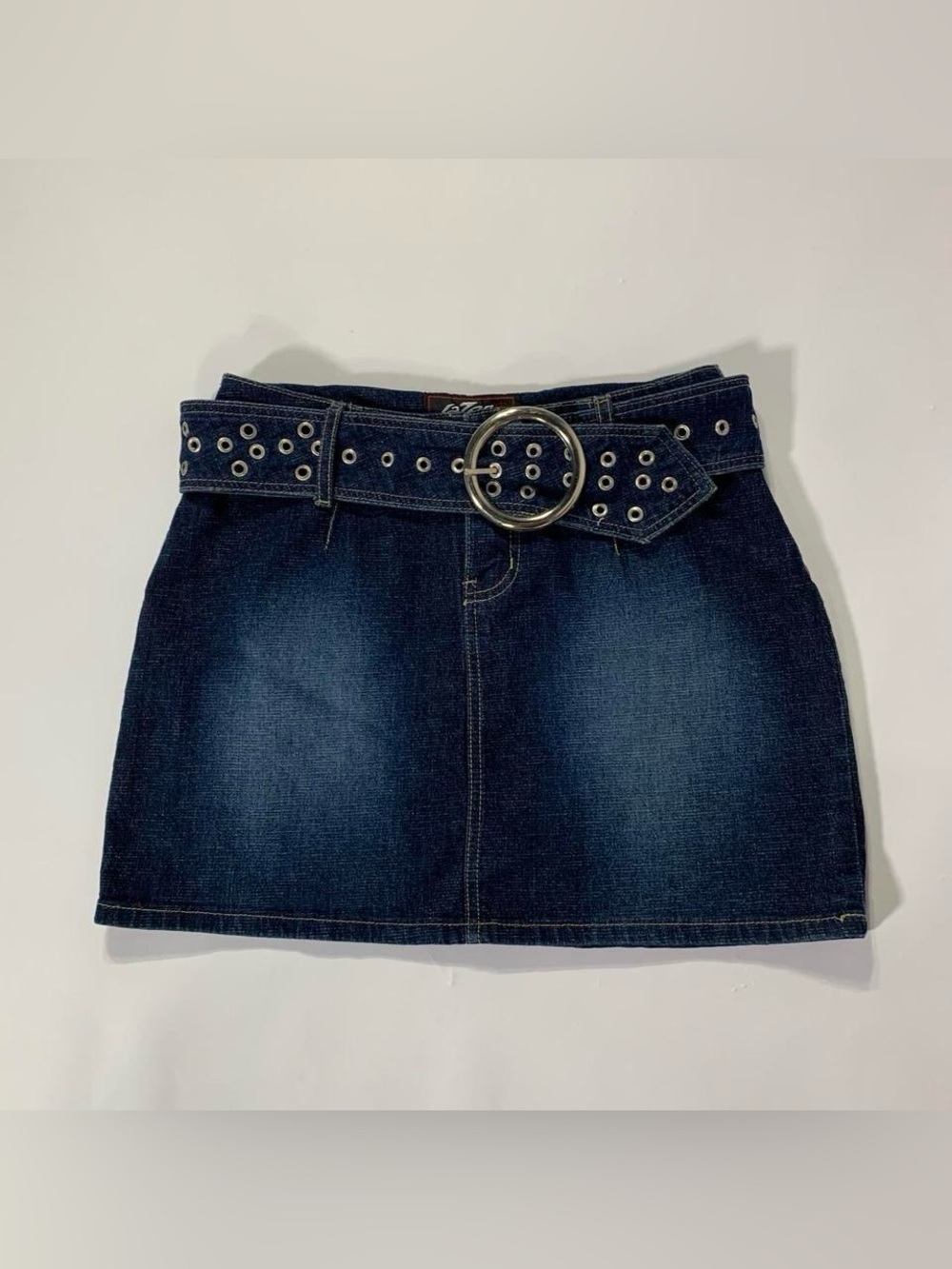 Lazer Jeans Wide Grommet Belted Low Rise Denim Mini Skirt Size 3 Dark Wash Y2K